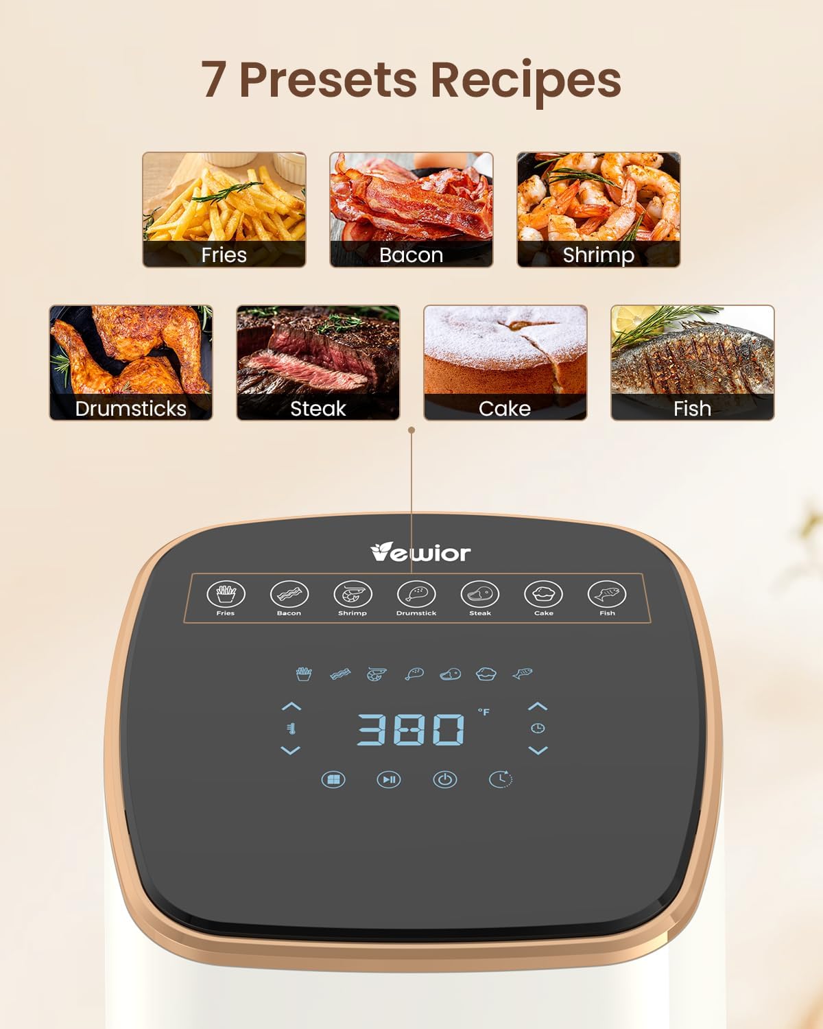 Air Fryer, VEWIOR 5.3Qt Airfyer with Viewing Window, 7 Custom Presets Large Air Fryer Oven with Smart Digital Touchscreen,Non-stick and Dishwasher-Safe Basket, Kitchen Tongs, Rack with Skewers Vewior