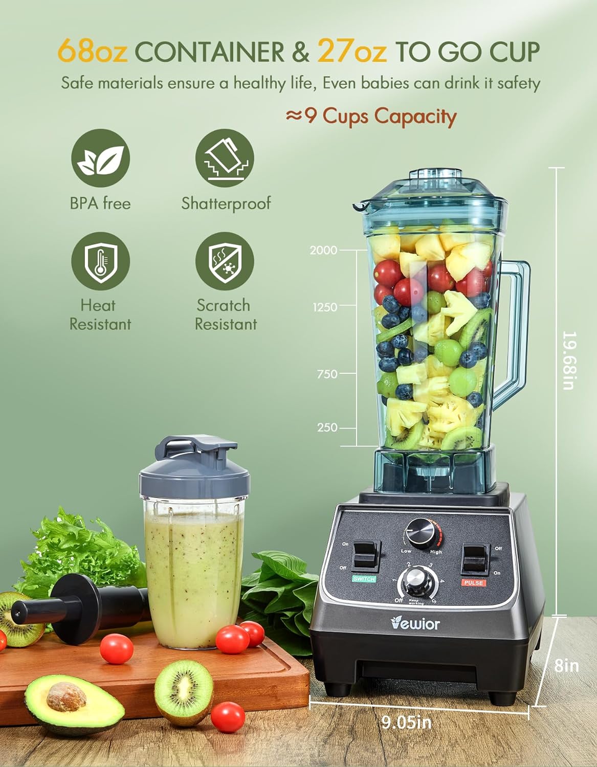 VEWIOR 2200W Blenders for Kitchen, Professional Blender with 68oz Tritan Container & 27oz To-Go Cup, Countertop Blender for Shakes and Smoothies Vewior