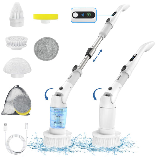 VEWIOR Electric Spin Scrubber, Cordless Cleaning Brush with Display and 3 Adjustable Angle 2 Speeds 5 Replaceable Brush Heads, Power Shower Scrubber with Extension Handle for Floor Bathroom Tile Grout Vewior