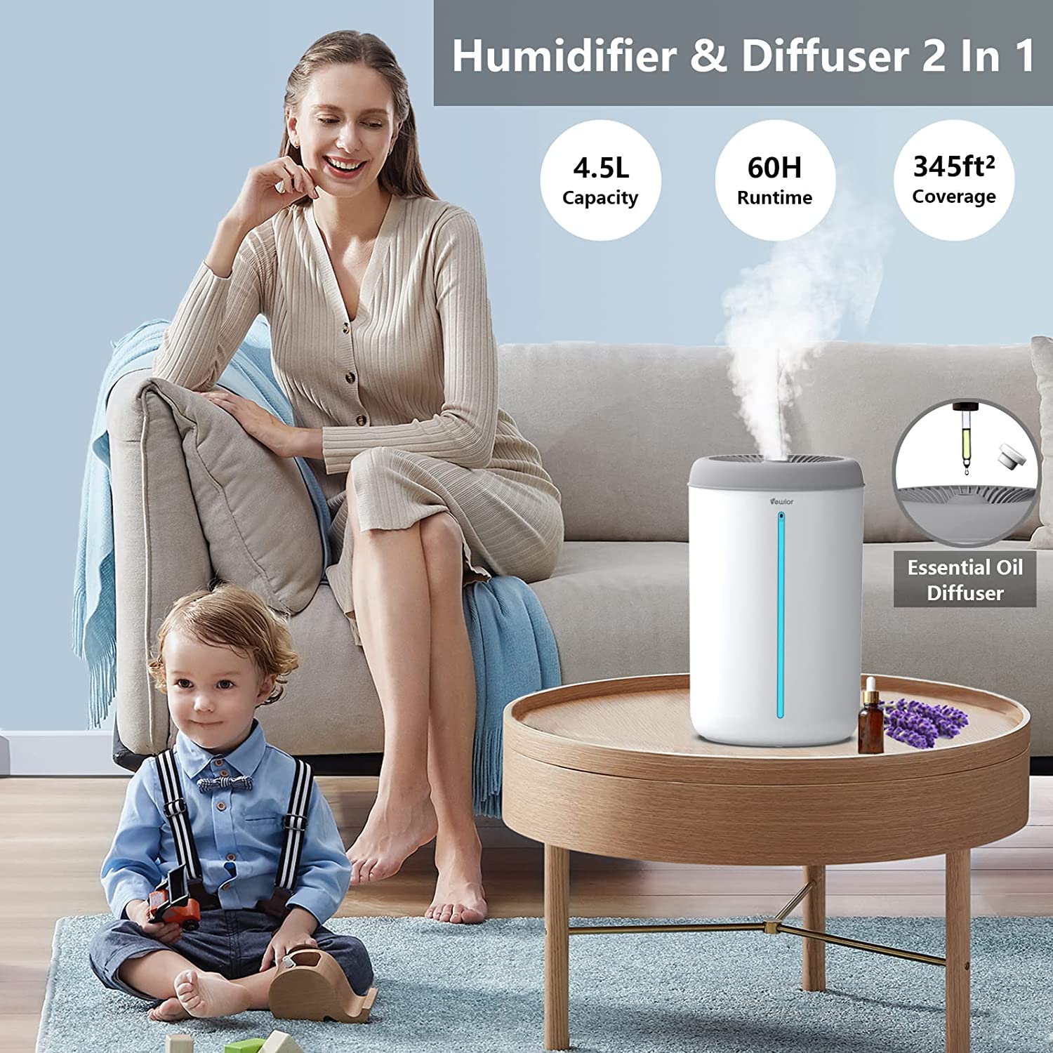 VEWIOR 4.5L Top Fill Cool Mist Humidifier and Diffuser 2 In 1 Vewior