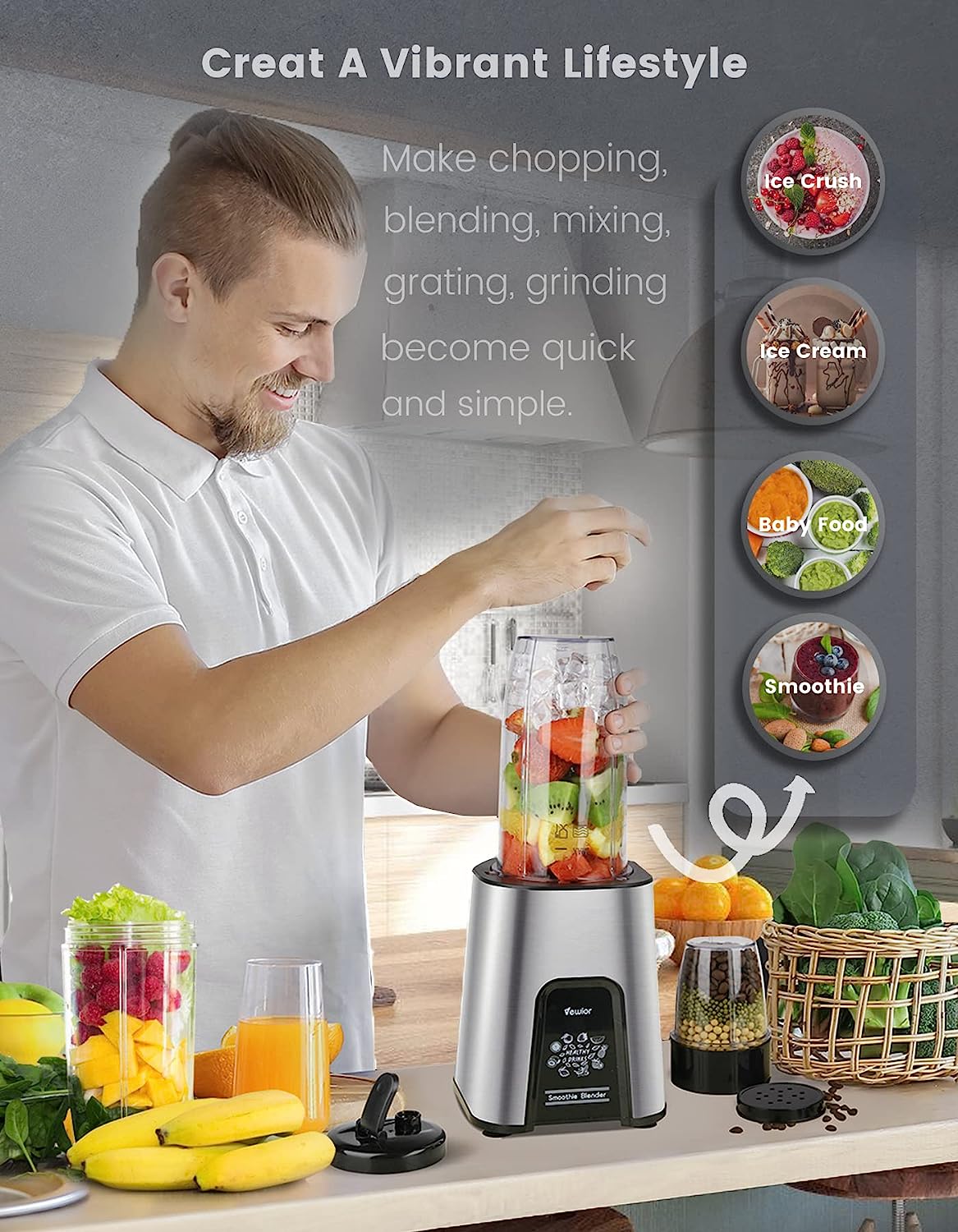 VEWIOR 850W Smoothie Blender for Shakes and Smoothies, 11 Pieces Personal Blender for Kitchen, 2*23oz+10oz Blender Cups with To-Go Lids for Fruit Vegetables, Beans, Nuts, Spices Vewior